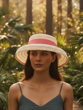 Vintage Mid Century Woven Sun Hat with Pink Band